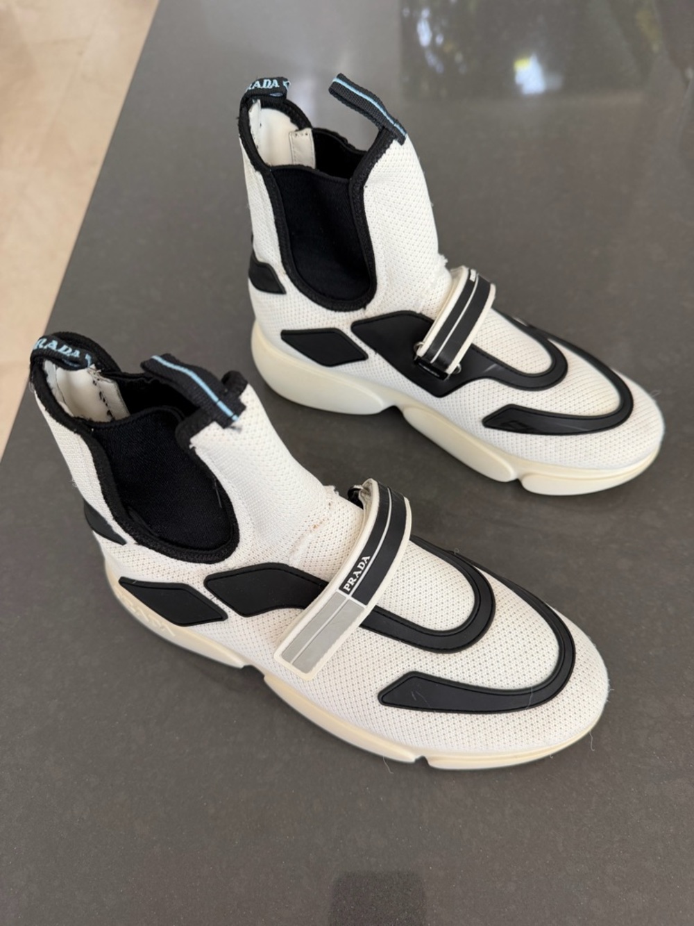 Prada White & Black High-Top Strap Sneakers